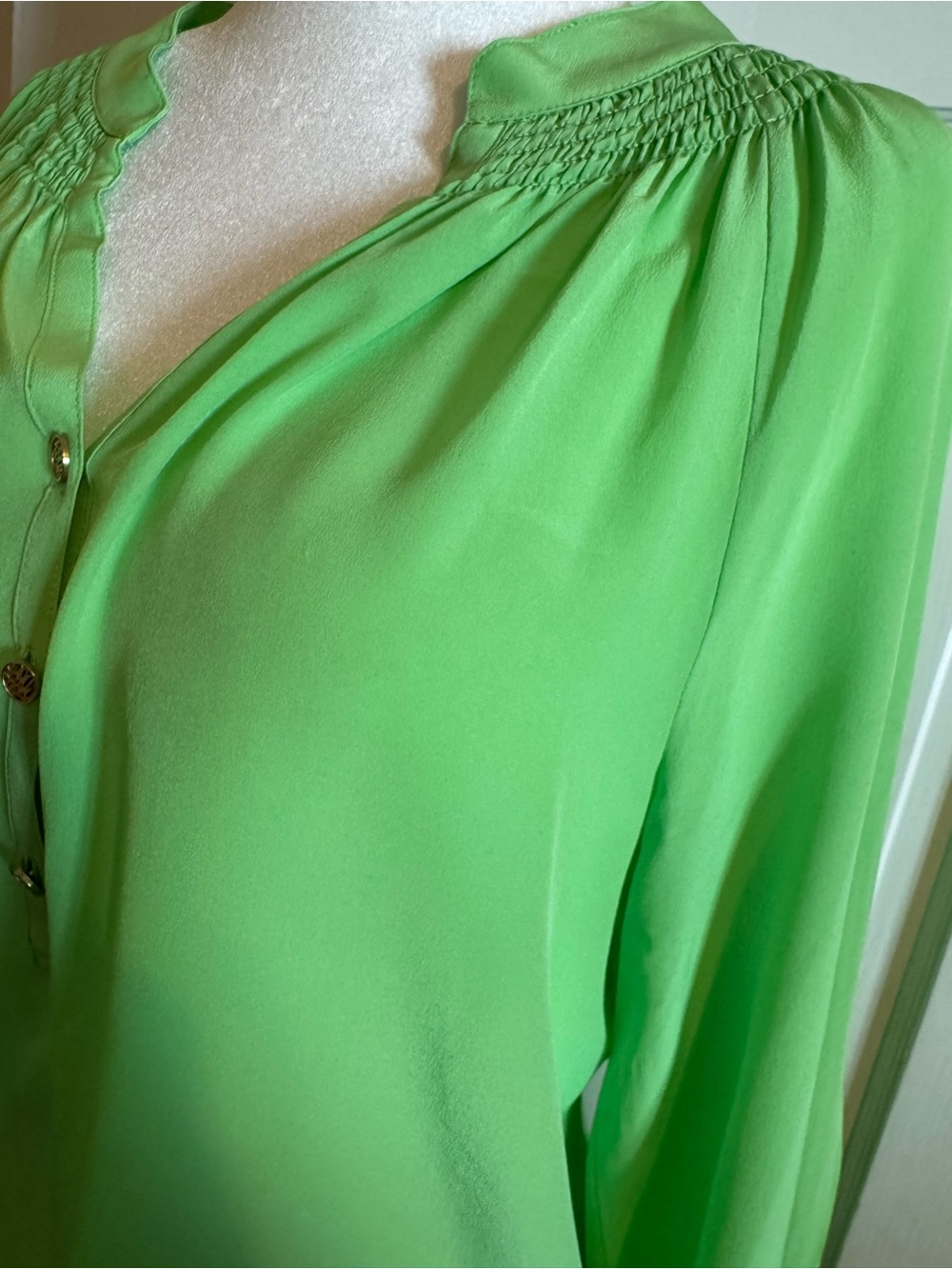 Lilly Pulitzer Bright Green Smocked-Yoke Blouse